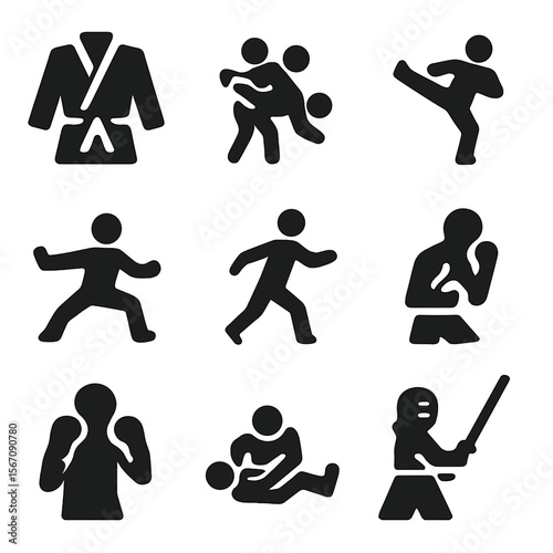 Martial Arts Icons. Solid, filled icon set of martial arts disciplines: karate gi, judo throw, taekwondo kick, kung fu pose,