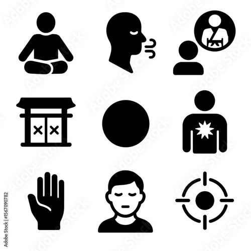 Martial Arts Icons. Solid, filled icon set of martial arts mental training: meditating pose, breathing control, visualizing