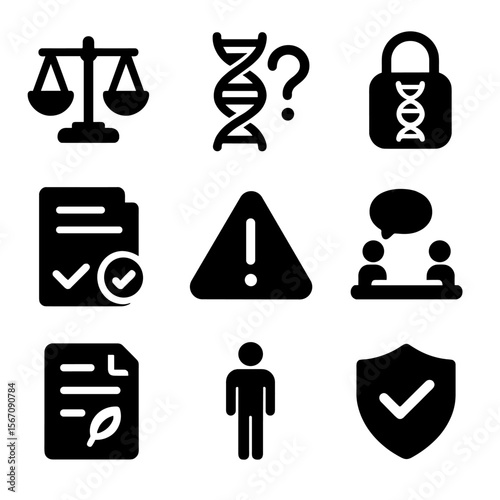 Gene Editing Icons. Solid, filled icons set of ethical concerns in gene editing: balance scale, DNA question,