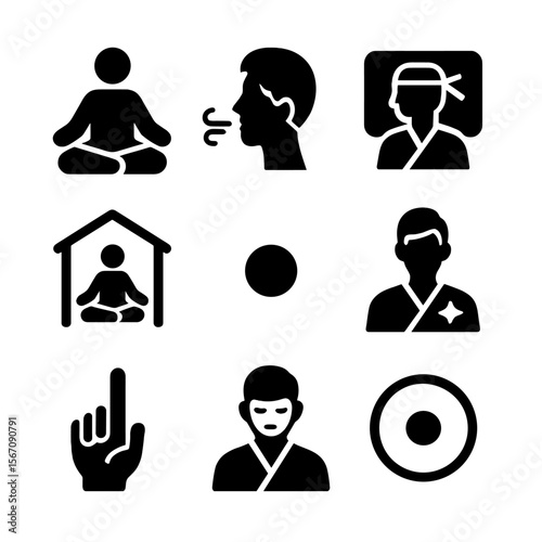 Martial Arts Icons. Solid, filled icon set of martial arts mental training: meditating pose, breathing control, visualizing