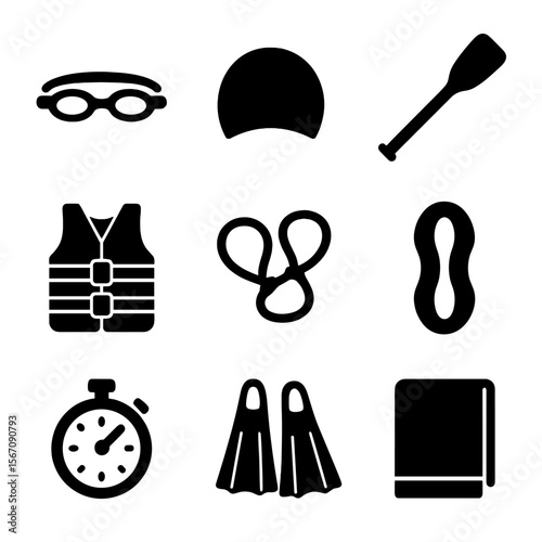 River Swim Essentials Icons. Solid, filled icon set of River swim gear essentials: swim goggles, swim cap, paddle, life vest,