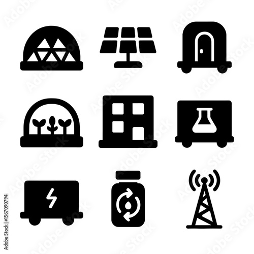 Martian Habitat Icons. Solid, filled icon set of Martian habitat: dome structure, solar panels, airlock, hydroponic garden, living