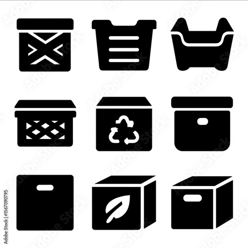 Reusable Box Icons. Solid, filled icon set of reusable boxes: crate box, foldable box, stackable bin, collapsible container,