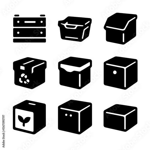 Reusable Box Icons. Solid, filled icon set of reusable boxes: crate box, foldable box, stackable bin, collapsible container,