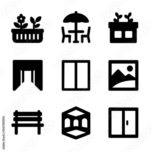 Outdoor Connection Icons. Solid, filled icon set of outdoor connections: balcony garden, patio seating, rooftop greenery, garden