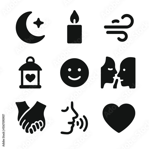 Romantic Evening Icons. Solid, filled icon set of romantic evening moods: moonlight, candle flame, soft breeze, quiet night,