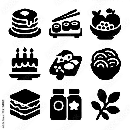 Maximalist Food Icons. Solid, filled icon set of maximalist food composition: stacked pancakes, sushi platter, fruit bowl,