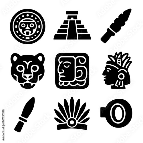 Mayan Aztec Icon Grid. Solid, filled icon set of Mayan and Aztec civilizations: calendar stone, step pyramid, obsidian blade,