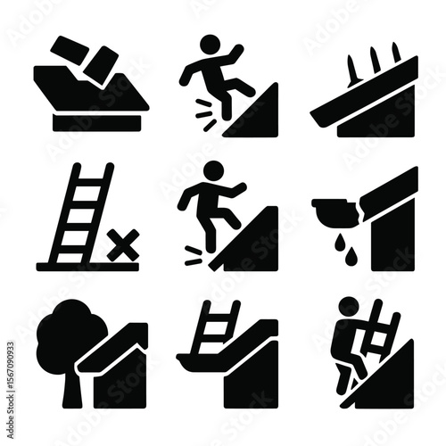 Roof Hazard Icons. Solid, filled icon set of roof access hazards: loose shingles, unstable footing, exposed nails, ladder angle