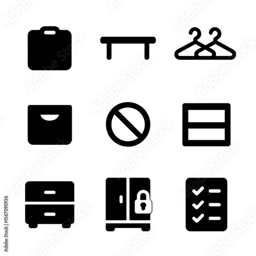 Roommate Closet Organization. Solid, filled icon set of closet design for roommates: name tag, shared shelf, twin hangers,