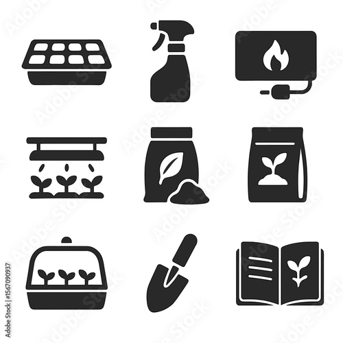 Germination Tools Icons. Solid, filled icons set of common germination tools: planting tray, spray bottle,
