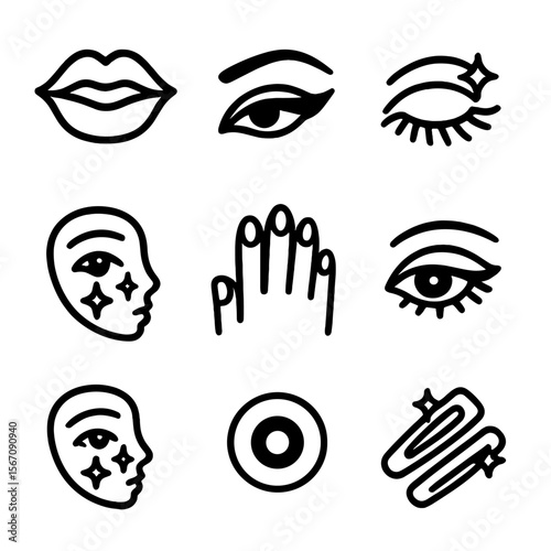 McBling Makeup Icons. Solid, filled icon set of McBling makeup trends: glossy lips, heavy eyeliner, shimmery eyeshadow, glitter