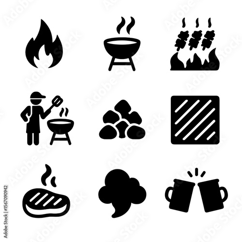 Outdoor Grilling Icons. Solid, filled icon set of outdoor grilling moments: flame icon, grill smoke, skewers on fire, dad flipping