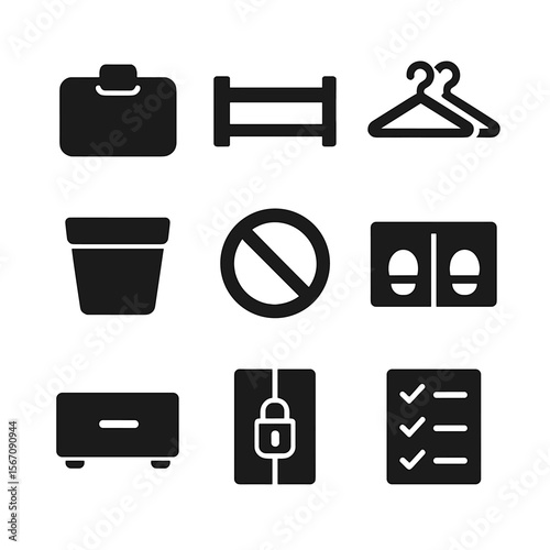 Roommate Closet Organization. Solid, filled icon set of closet design for roommates: name tag, shared shelf, twin hangers,