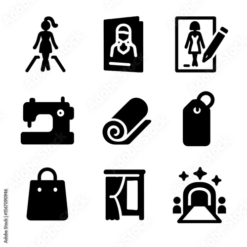 McBling Fashion Icons. Solid, filled icon set of McBling fashion statements: runway model, fashion magazine, style sketch, sewing
