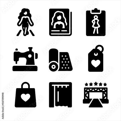 McBling Fashion Icons. Solid, filled icon set of McBling fashion statements: runway model, fashion magazine, style sketch, sewing