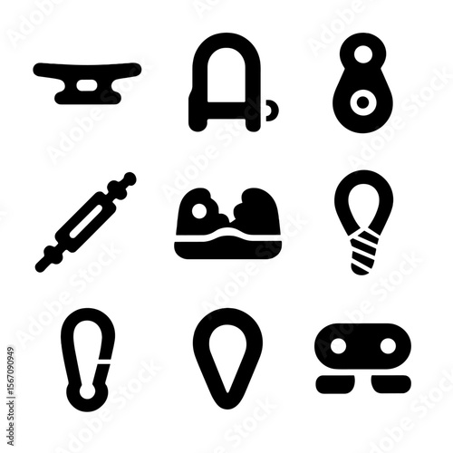 Rope Hardware Icons. Solid, filled icon set of rope and rigging hardware: cleat, shackle, block, turnbuckle, cam cleat, rope eye,