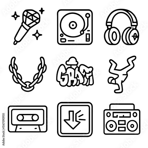 McBling Music Icons. Solid, filled icon set of McBling music culture: blinged-out microphone, DJ turntable, flashy headphones,