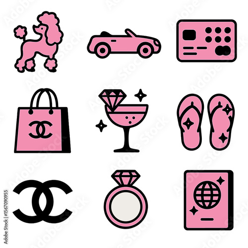 Glamorous Icon Collection. Solid, filled icons set of McBling glam lifestyle: fluffy poodle, pink convertible,