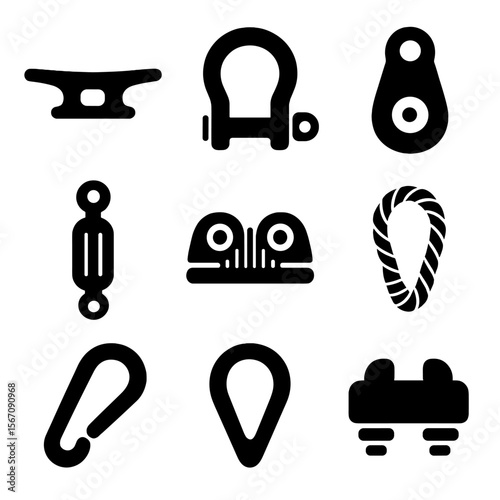 Rope Hardware Icons. Solid, filled icon set of rope and rigging hardware: cleat, shackle, block, turnbuckle, cam cleat, rope eye,
