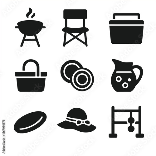 Outdoor Picnic Icons. Solid, filled icon set of outdoor family gathering: BBQ grill, folding chair, cooler, picnic basket, paper