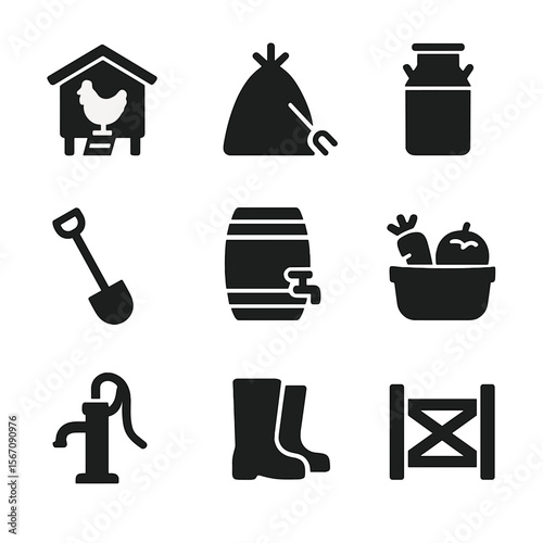 Rural Homestead Icons. Solid, filled icon set of rural homestead life: chicken coop, haystack, milk jug, shovel, rain barrel,