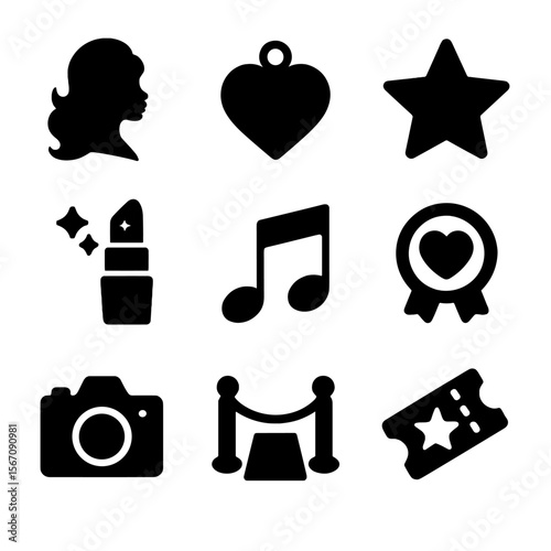 McBling Pop Icons. Solid, filled icon set of McBling pop icons: diva silhouette, heart pendant, star badge, glittery lipstick,