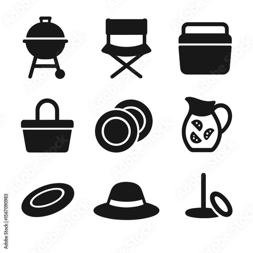 Outdoor Picnic Icons. Solid, filled icon set of outdoor family gathering: BBQ grill, folding chair, cooler, picnic basket, paper