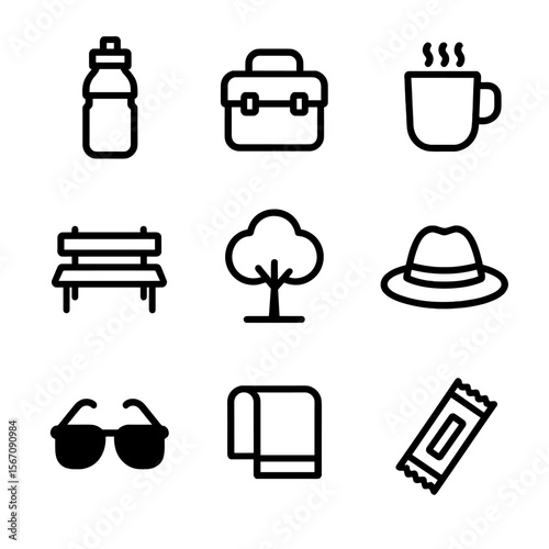 Outdoor Work Break Icons. Solid, filled icon set of outdoor worker breaks and hydration: water bottle, lunch box, coffee cup,