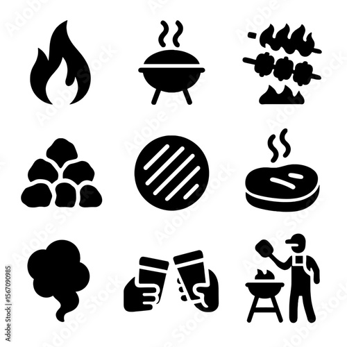 Outdoor Grilling Icons. Solid, filled icon set of outdoor grilling moments: flame icon, grill smoke, skewers on fire, dad flipping