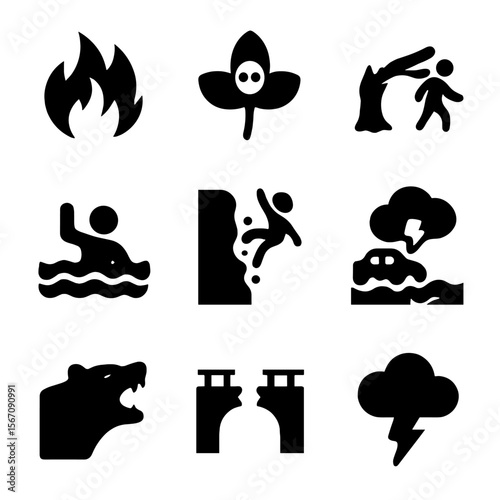 Outdoor Survival Icons. Solid, filled icon set of outdoor survival dangers: wild fire, poisonous plants, falling tree, quicksand,