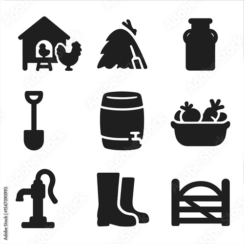 Rural Homestead Icons. Solid, filled icon set of rural homestead life: chicken coop, haystack, milk jug, shovel, rain barrel,