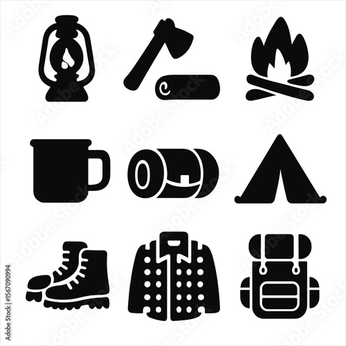 Rustic Camping Icons. Solid, filled icon set of rustic camping essentials: lantern, axe, log fire, camp mug, rolled sleeping bag,