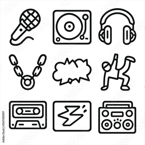 McBling Music Icons. Solid, filled icon set of McBling music culture: blinged-out microphone, DJ turntable, flashy headphones,