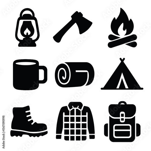 Rustic Camping Icons. Solid, filled icon set of rustic camping essentials: lantern, axe, log fire, camp mug, rolled sleeping bag,