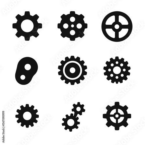 Mechanical Gear Icons. Solid, filled icon set of mechanical wheels: cogwheel, gear, pulley wheel, flywheel, cam wheel, bevel gear,