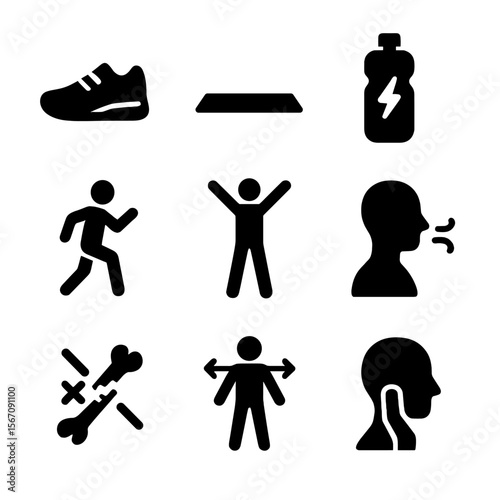 Safety Tips Icons. Solid, filled icon set of Jumping jacks safety tips: proper footwear, flat surface, hydration, warm-up, avoid