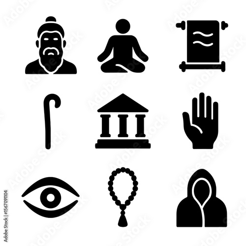 Sage Icon Set. Solid, filled icon set of sage symbolism: bearded sage, meditation pose, ancient scroll, wooden staff, temple