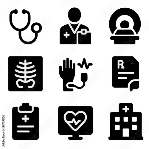 Medical Icons Grid. Solid, filled icon set of medical consultations and diagnostics: stethoscope, doctor with clipboard, MRI scan,