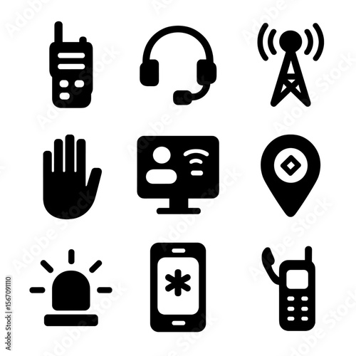 Medical Communication Icons. Solid, filled icon set of communication in medical response: walkie-talkie, headset, radio tower,