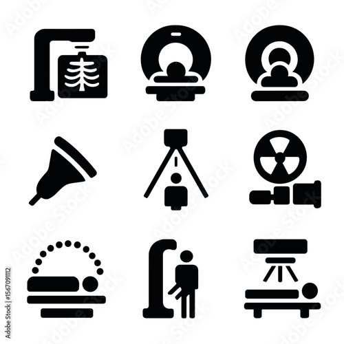 Medical Imaging Icons. Solid, filled icon set of rays in medical imaging: X-ray machine, CT scan ray, MRI ray, ultrasound wave,