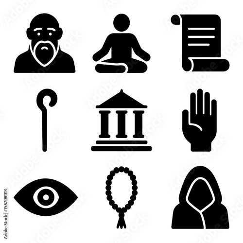 Sage Icon Set. Solid, filled icon set of sage symbolism: bearded sage, meditation pose, ancient scroll, wooden staff, temple