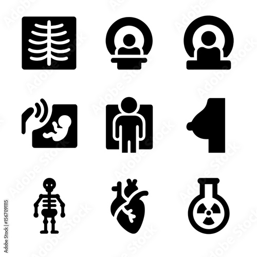 Medical Imaging Icons. Solid, filled icon set of medical imaging types: X-ray, CT scan, MRI, ultrasound, PET scan, mammography,