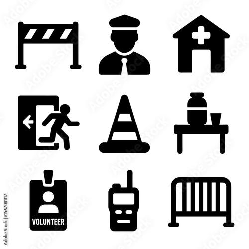 Parade Safety Icons. Solid, filled icon set of parade safety and logistics: barricades, security guards, first aid station,