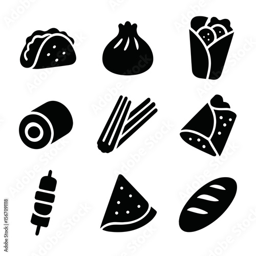 Global Street Food Icons. Solid, filled icons set of global street food variety: taco, dumpling, falafel wrap,