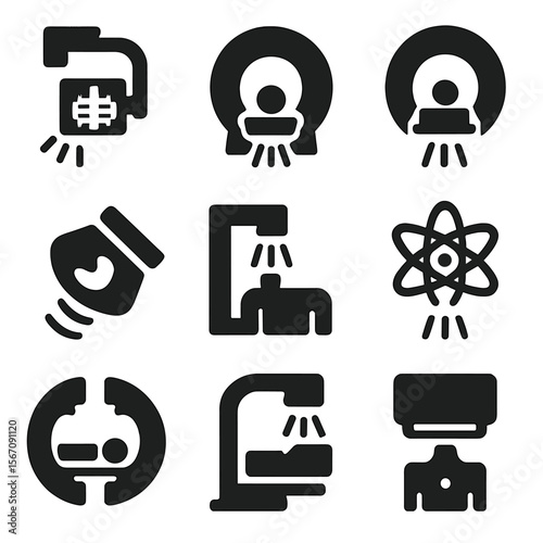 Medical Imaging Icons. Solid, filled icon set of rays in medical imaging: X-ray machine, CT scan ray, MRI ray, ultrasound wave,