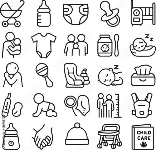 Collection of simple line art icons representing various baby care items and family activities for children s health and development