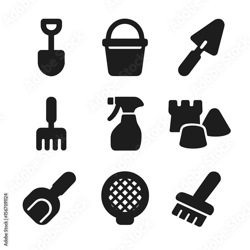 Sandcastle Tools Icons. Solid, filled icon set of sandcastle construction tools: shovel, bucket, trowel, rake, water spray bottle,