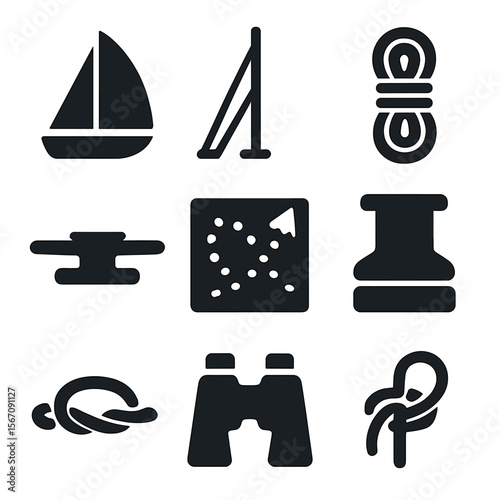 Sailing Icons Grid. Solid, filled icon set of sailing equipment: sail, mast, rigging, ropes, winch, cleat, navigation chart,