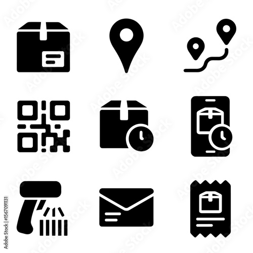 Parcel Tracking Icons. Solid, filled icon set of parcel and logistics tracking: tracking number, map pin, GPS route, QR code,